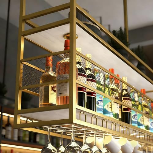 Hängande vinställ, hängande vinglasställ i metall, vinförvaringshållare i två nivåer för bar, för bar, restaurang, café, kök (Guld, 180cm)