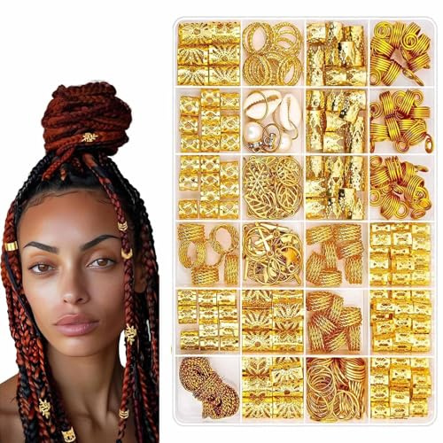 259 PCS Gold Dreadlock Beads Locs Accessories, Jewelry for Braids, Hair Dreadlock Accessory Braid, Adjustable Cuffs Braiding Hair Rings for Dreadlock Accessory