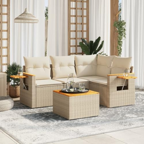 Set di 5 divani da giardino in rattan beige, con cuscino, vano portaoggetti, tavoli pieghevoli, resistenti ai raggi UV, per terrazze, balconi, esterni, design moderno