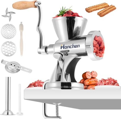 Picadora manual de carne de acero inoxidable para cocinar en casa, hacer salchichas con accesorio para galletas y placas de corte