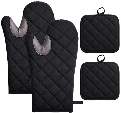 Halinuia 2 guantes de horno con 2 agarraderas, guantes resistentes al calor, guantes de algodón antideslizantes, guantes lavables para hornear, color negro, para cocinar, hornear, asar a la parrilla