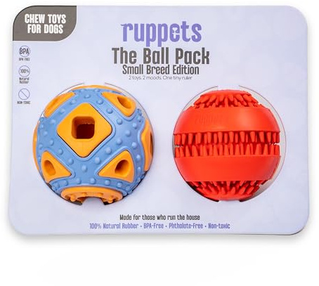 Ruppets Dog Treat Dispensing Toy for Small Dogs – 2 Pack Natural Rubber Balls for French Bulldog, Chihuahua, Dachshund – Dental Chew + Treat Puzzle Ball, Mental Stimulation, BPA Free