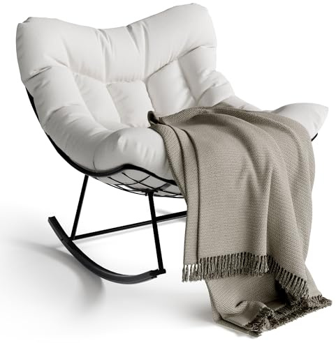 Acekool Schaukelstuhl Oversized mit Fußhocker, Schaukelsessel mit dickem Kissen & Metallrahmen, Relaxsessel für Poolside, Garten und Hinterhof, Tragfähigkeit (Weiß, ohne Fußstütze)