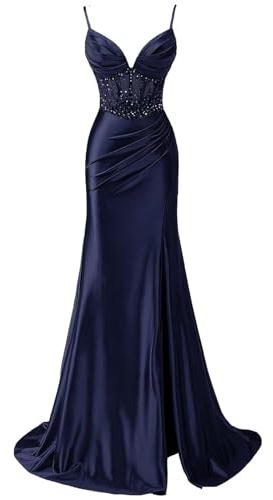 KURFACE Damen V-Ausschnitt Satin Ballkleider mit Schlitz Pailletten Spaghettiträger Ballkleid Meerjungfrau formelles Abendkleid, marineblau, 32