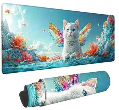 Tapis de Souris de Jeu, 800 x 300 mm XXL Tapis Souris Gaming Grand, Antidérapant Étanche, iExtended Long Clavier Mouse Pad XXL, Accessoire Bureau, pour Gamer, Ordinateur, PC (Ange Chat) i-771