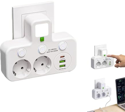 Trådlöst grenuttag, med nattlampa multifunktionell adapteruttagslist, enkel strömbrytarkontroll, 2/3/4/5 kortplatser 1 Type-C 2 USB-port (2 uttag, vit)