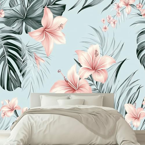 Fotomurales Papel pintado Tropical Floral Hojas de Palma Estilo Hawaiano Papel pintado tejido no tejido Decoración de Pared decorativos Murales Moderna 200 x 140 cm Azul Claro Fotomurales