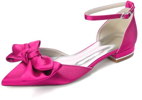 Yhsdfcn Femmes Escarpins Plats à Nœud en Satin - Chaussures de Mariage D'Orsay Petit Talon Carré et Bride,Fuchsia,EU43