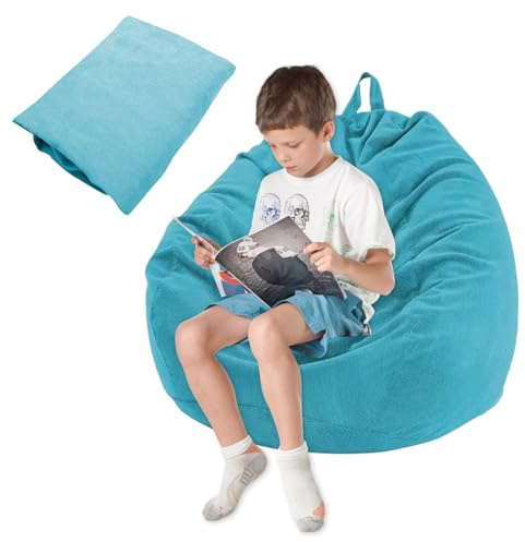 WHBFH Kids Corduroy Bean Bag Chair Cover, 70x80cm Stuffed Animal Storage Bean Bag for Kids, 2-in-1 Soft Toy Organiser & Seat, Washable Pink Bean Bag Cover for Living Room/Gaming (Sky blue)
