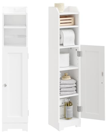 SoBuy Badezimmerschrank Schmal Kompakter Badschrank mit Regal und Tür für WC & kleine Bäder - Praktischer Toilettenschrank mit Stauraum für Badezimmermöbel Weiß FRG177-II-W