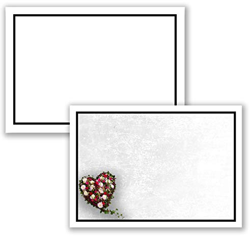 25 cartes de condoléances, DIN A6 + enveloppes de condoléances format C6, cadre noir au motif de deuil, avec cœur floral, 10,5 x 14,8 cm, imprimables, lot de condoléances pour remerciement et deuil