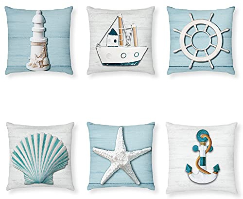 Tatuo 6 Pieces Ocean Beach Pillow Covers 18 x 18 Inch Nautical Summer Sea Theme Cushion Covers Starfish Lighthouse Sailboat Anchor Sea Shell Coastal Throw Pillow Cases for Home Bed Decoration