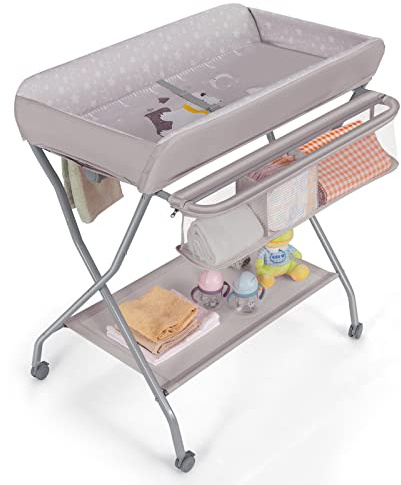 Costzon Portable Changing Table, Mobile Baby Changing Table with Wheels, Safety Belt, Large Storage Basket, Rack & Shelf, Folding Diaper Changing Station Nursery Organizer for Infant Newborn (Gray)