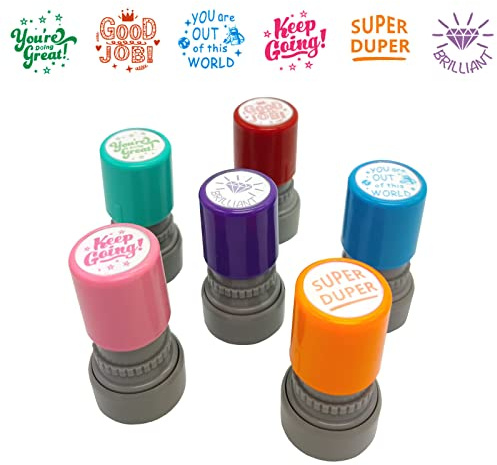WAFJAMF Pack of 6 Sorted Teacher Stamp Teachers Self-Inking Rubber Stamps Teacher Review Photosensitive Behavior Stamper for Education
