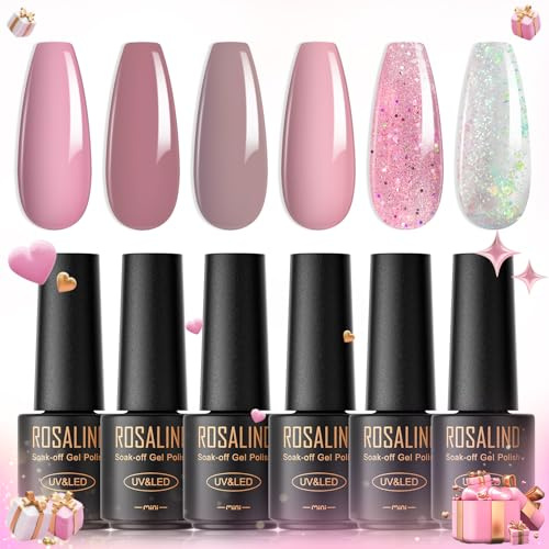 ROSALIND UV-nagellack Pastell, 6 färger Mini Gel-nagellack Set Vit Ljusrosa Mörkrosa Glitter Rosa Soak Off UV LED-nagellack French Manicure för kvinnor Moder Present Set