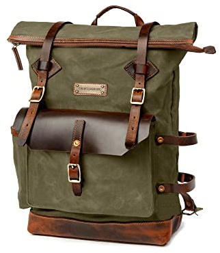 DRAKENSBERG Rolltop Adam Sac à dos en toile cirée et cuir imperméable Perfection artisanale jusqu'à 30 l, Vert forêt, Sac à dos traditionnel