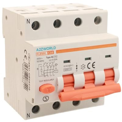 Interruttore Differenziale Magnetotermico Trifase 30mA 10A C10, RCBO Tipo AC Curva C, 3P+N 6kA 400V, Occupa 4 Moduli DIN