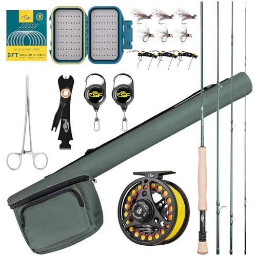 SF Fliegenruten-Kombi-Starter-Set, 4-teilig, 8 WT, 9 FT, Smaragdgrün, 24 Zähne, Karbonfaser, Forellen-Fliegenrute mit Rolle, Rutenetui, Fliegenbox mit Fliegen, konisches Vorfach, Knotenbindewerkzeuge