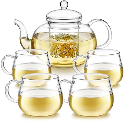Teabloom Heatproof Glass Teapot Set with Removable Loose Tea Infuser (Standard Size: 32oz/946ml) and Four Borosilicate Glass Teacups (7oz/207ml) - Lead-Free Blossoms Glass Tea Set