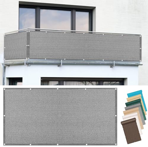 Balkon Sichtschutz Balkonumspannungen 100 x 425 cm Uv-Schutz, Windschutz Balkonumspannung Balkonverkleidung Reißfest, mit Ösen Kabelbinder Sichtschutz für Balkongeländer, Grau