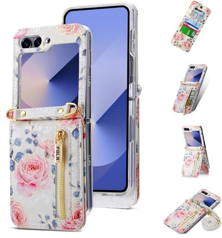 ESONG Cover a Portafoglio per Samsung Galaxy Z Flip6/7 FE con Cinturino,Custodia floreale Antiurto Protezione con Slot per Schede/Cordino/Stand,Caso in Pelle PU Protettiva Case per Donna-Bianco