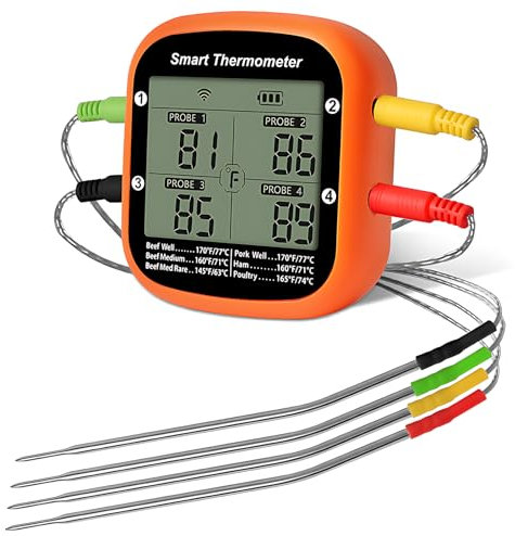 Kavolet Fleischthermometer mit 4 Sonden, Intelligentes digitales Lebensmittelthermometer, APP-Steuerung mit Zeitalarm, Grillthermometer für Außengrills, mit aufstellbarem und aufhängbarem Ständer