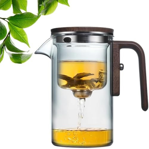 Enchanti Théière magique Enchantipot 2024, théière en verre avec poignée en bois, commande par pression pour thé en vrac, théière en verre enchantée avec passoire
