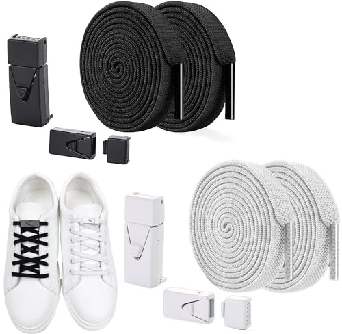 syiyunran Lacci Scarpe Elastici - 1 paio ciascuno in bianco e nero, Lacci Senza Nodo No Tie Scatto Metallo Comfort una Resistenza Unici, Accensione Spegnimento Rapidi Pochi Secondi