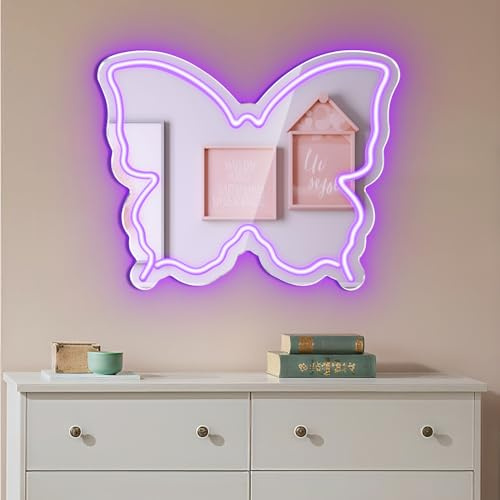 LEDLightsWorld Schmetterlings-Neonschild-Spiegel, 39 x 30 cm, verstellbare Helligkeit, Mädchen-Spiegel, Neonlicht, USB-Wandkunst, Dekoration für Mädchen, Frauen, Zimmer, Party, Make-up, Salons