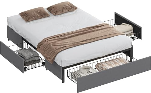 HOMCOM Cama Doble 140x190 cm Estructura de Cama Somier con 3 Cajones y Estructura de Metal Carga 363 kg Gris