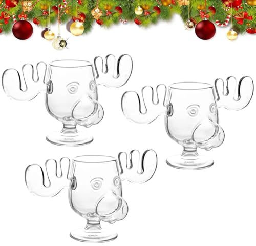 Weihnachts-Eierpunsch-Elch-Becher, Weihnachtsurlaub-Elch-Becher, Weihnachtsurlaub-Film-Elchglas, sicher verpackt, klar, 240ml / 8OZ Kaffeebecher Geschenke für Familie und Freunde (3 Stück)