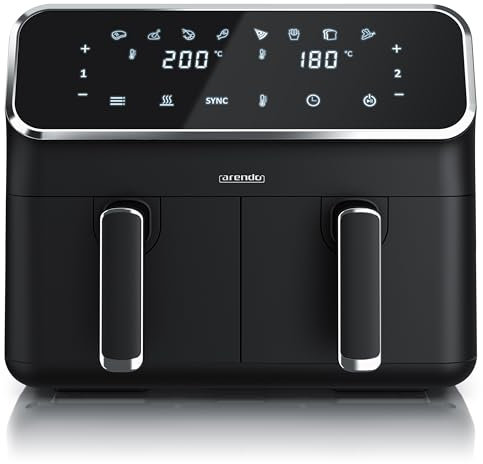 Arendo - Heißluftfritteuse Dual Zone mit 2 Kammern - XXL Kapazität 2 Fächer Doppelkammer – 2700 Watt - Airfryer Backofen Edelstahl - Touchscreen - 3D Umluftsystem - Antihaftbeschichtung - PFAS frei