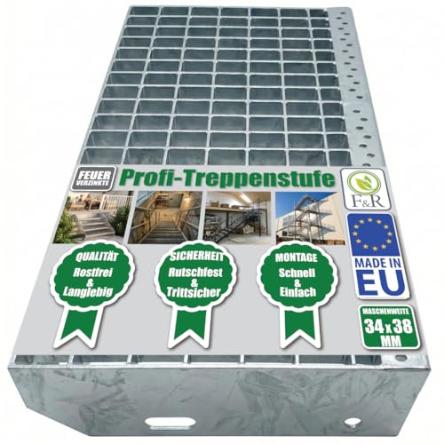 F & R Metallstufe 800x240 mm Verzinkt – Treppenstufe Gitterrost Für Außentreppen Feuerverzinkter Stahl Rutschfest Robust Und Langlebig