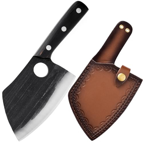 TUTCHUAN Japanese Kitchen Knife 5.5 Chef Knife Full Tang High Carbon Steel Chopping Knives Hand Forged Home and Outdoor Cooking Knife with Leather Sheath