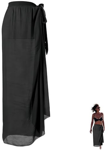 Pareo Damen Strand Lange Schwarz, Sarong Tuch Damen Wickelrock Strand Kleid Bikini Tuch HüFte Strandtuch Zum Umbinden Atmungsaktives Sommer, MäDchen Side Strappy Sarong Strandrock Strand Wear Cover