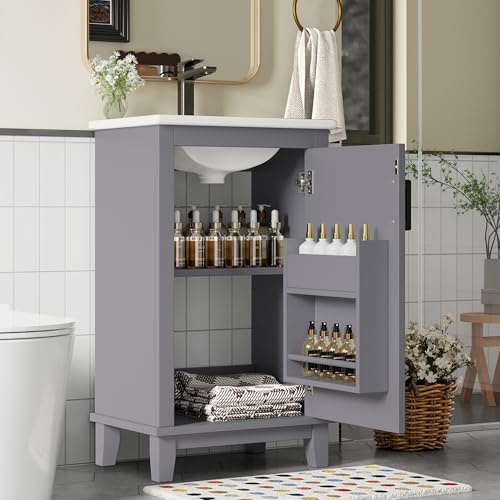 Merax Bodenstehender Badezimmerschrank, Waschtisch, komplett lackiert, Türregale, verstellbare Regale, integriertes Keramikwaschbecken, geeignet für kleine Räume, Grau, 51x34x83cm