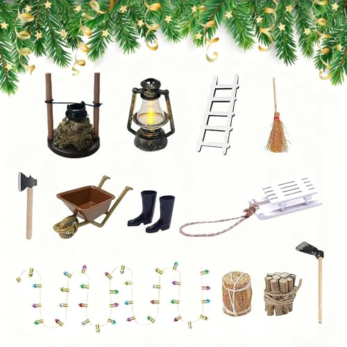 HIQE-FL Kit Puerta de Duende Navidad,12 Piezas Miniatura Accesorios de Casa de Muñecas,casa de muñecas para gnomos,Lámparas de petróleo, pajares, Botas de Goma, leña, escobas, Decoraciones navideñas