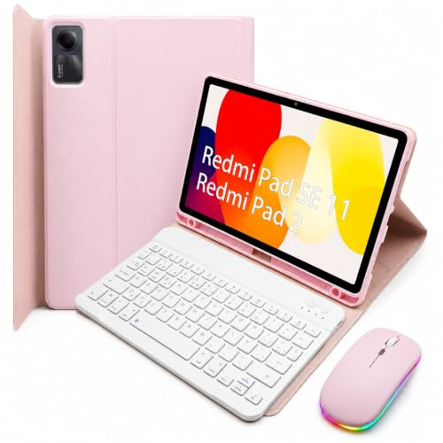 HLTOOP Custodia tastiera per Xiaomi Redmi Pad SE 11 pollici 2023, design Ñ spagnolo, cover sottile in PU con tastiera wireless rimovibile magneticamente, mouse per tablet (rosa)