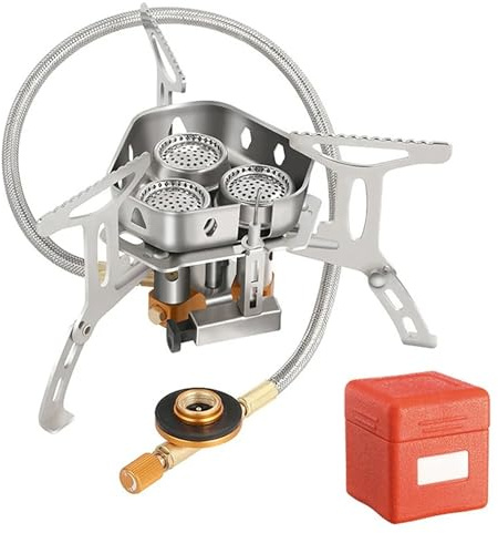 3 Head Portable Gas Stove - Folding Camping Burner BBQ Furnace for Fast Outdoor Cooking, Powerful Heat & Easy Setup on Hiking, Camping & Picnic Trips