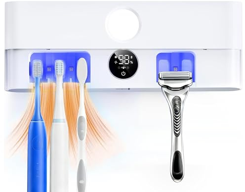 Smart Toothbrush Holder with Drying & Ventilation, 5 Brush Organizer with LED Display, Wall Mounted Storage with Shaver Slot for Family Bathroom