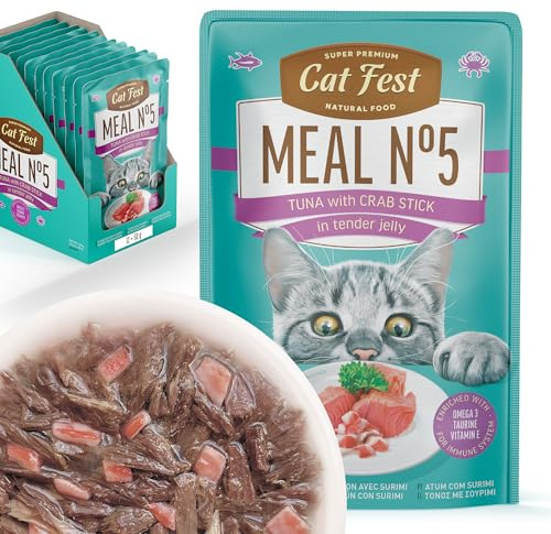 Cat Fest MEAL №5 Tuna with Crab Stick in Tender Jelly, 100% Natural Wet Cat Food Pouches, High Fish Content, Enriched with Taurine, Vitamin E & Fish Oil, 12 x 50g
