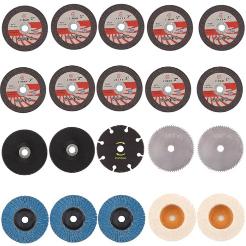 15 st skärskivor 76 mm, 3 st fläktskivor 76 mm, skärskivor 76 x 10 mm, 2 st 75 x 10 mm filtpolerskivor, set för minivinkelslipar, skärning, polering, slipning av metall