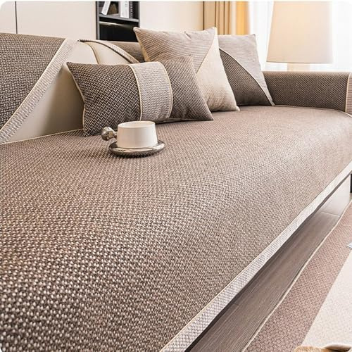 Baumwolle und Leinen rutschfest Sofaschoner Vintage Sofabezug Weiche 1/2/3/4 Sitzer Couch Überzug Sofaüberwürfe für U Form L Form Sektionssofa(Brown,70x150cm)