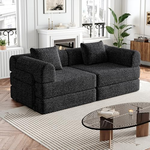 ECLIVON Sofá Cama Plegable con Respaldo y Almohada, Sofás con Estructura de Metal y Reposabrazos, Sofá Matrimonio Convertible para Salón Dormitorio, con Bolsa de Almacenamiento, Chenilla, Negro