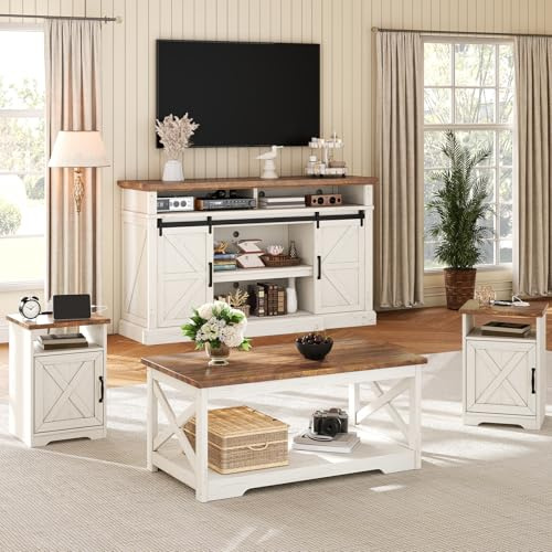 AMERLIFE 4-Piece Farmhouse Living Room Furniture Set with 66 TV Stand, Coffee Table & 2 End Tables, Barn Door Design, Large Storage Shelves, Built-in Charging Station & USB Ports, Distressed White