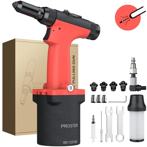 Proster Riveteuse Pneumatique 1000KGF Auto-Aspirante – Pistolet à Rivets Léger avec 4 Buses (2,4/3,2/4,0/4,8 mm) – Outil Rivet Air Comprimé 360° pour Garage, Voiture, Bateau, Atelier de Métal