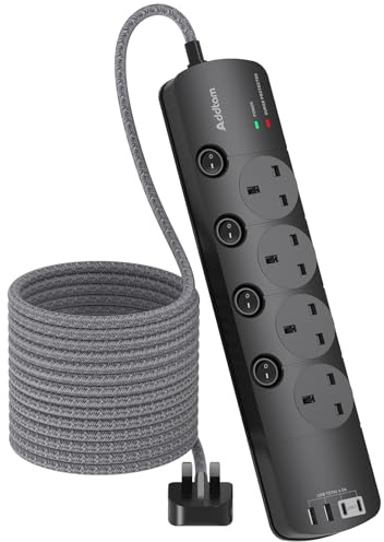 Addtam Extension Lead, 1.8M Extension Cord, 4 Outlet Power Strip with 4 USB | (2 Type C & 2 USB A), 1050J Surge Protection, Individual Switches, Multi Plug Socket for Home and Office, Black