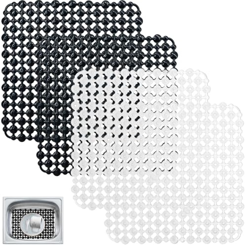 Pack of 4 Sink Liners 28 x 28 cm Self-Cut PVC Sink Mat for Kitchen Sinks Quick Drainage Non-Slip Backing Black White Ideal for Crockery Glassware Vegetables