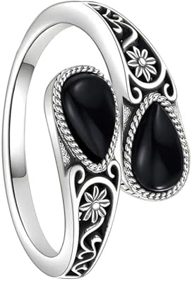 Moonstone Spoon Ring for Women, Victorian Vintage Style Adjustable Thumb Ring, 925 Sterling Silver Nickel-Free Jewelry, Boho Hippie Gift (black)