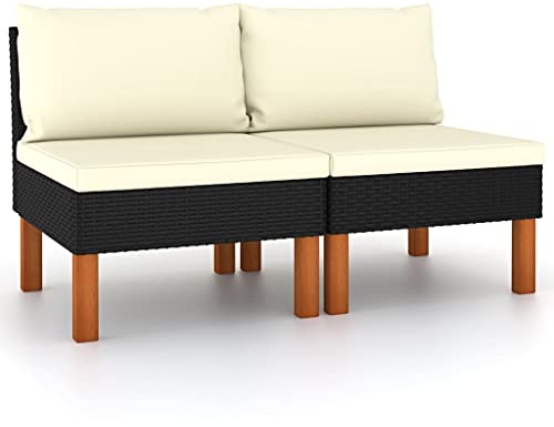 Cartvyn Mittelsofas 2er Set aus Poly Rattan und Eukalyptusholz für Garten Balkon Terrasse Outdoor Möbel Flexible Sitzgruppe wetterfest wasserdicht mit abnehmbaren Kissen